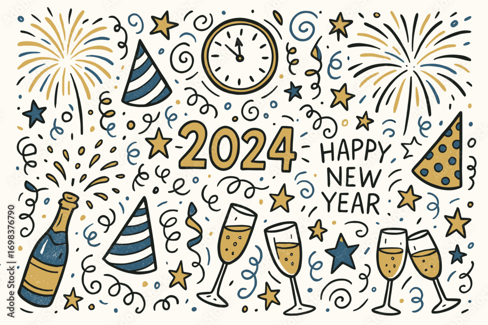 Fototapeta premium Festive new year celebration with fireworks, champagne, and party decor