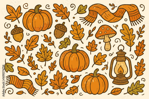 Autumn harvest pumpkins, leaves, acorns, and cozy elements illustrated