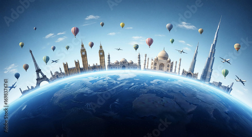 Experience the globe's most iconic landmarks from new heights, soaring above the Earth with vibrant hot air balloons and swift airplanes, inspiring dreams of global adventure and unforgettable journey