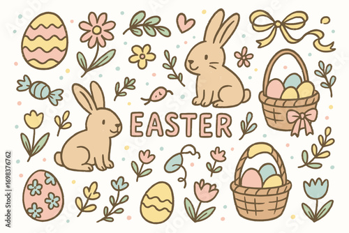 Cute easter design with bunnies, eggs, and spring flowers