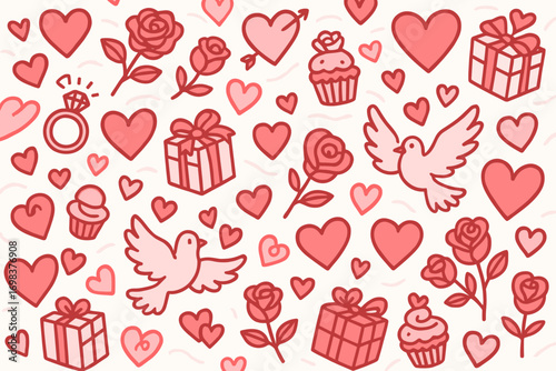 Romantic pattern with hearts, roses, doves, gifts, and cupcakes in red and pink