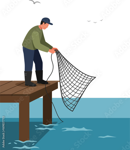 Fisherman on wooden pier casting net into calm blue water vector illustration for leisure and fishing activities