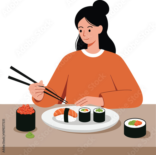 Woman eating sushi with chopsticks enjoying Japanese food culture in casual orange sweater