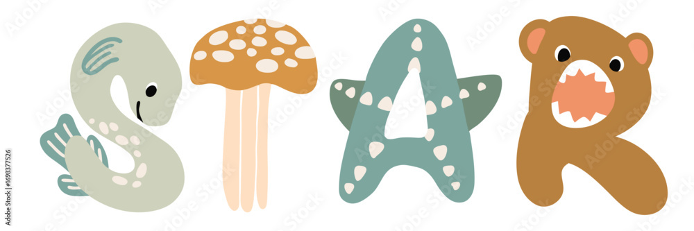 Fototapeta premium cute animal alphabet letters forming word star nursery vector clipart illustration