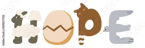 cute animal alphabet letters forming word hope nursery vector clipart illustration