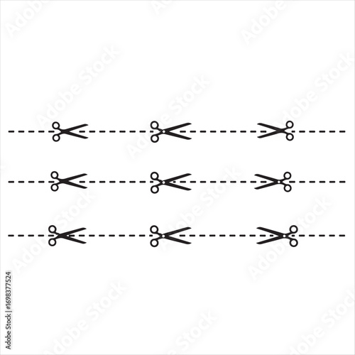 Cut here sign set. cutting scissors with dashed trim lines symbols. icon for product packaging, coupon borders, ticket.