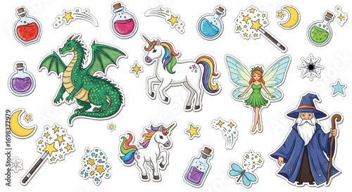 Fantasy Magic Sticker Pack – Dragons, Unicorns & Fairies Vector
