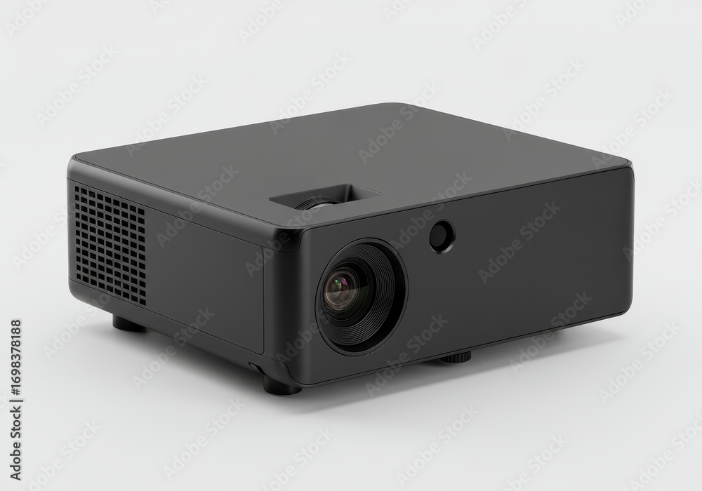 Obraz premium A modern, matte black projector stands on a plain light gray background.