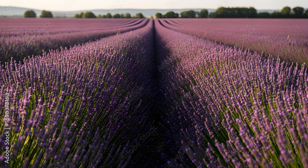 Naklejka premium Lavender Fields at Sunset: Expansive Aromatic Lavender Rows, Agricultural Landscape, Rural Serenity, Floral Farming, and Scenic Sunset Colors Over Symmetrical Plantations