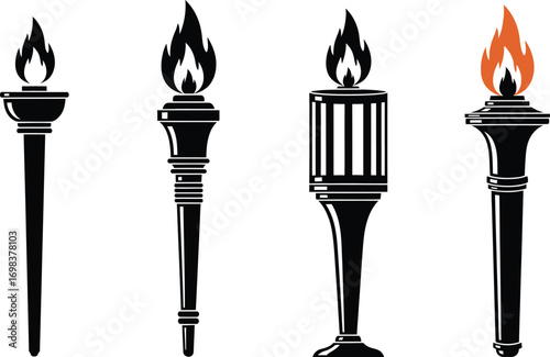 Four stylized torches with flaming tops, representing progress and inspiration