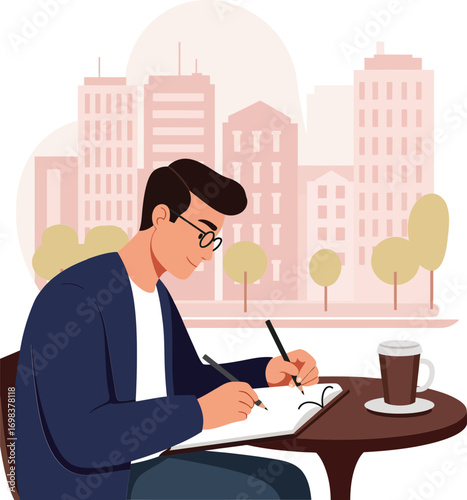 Young man writing notes at cafe table with coffee cup urban background vector illustration