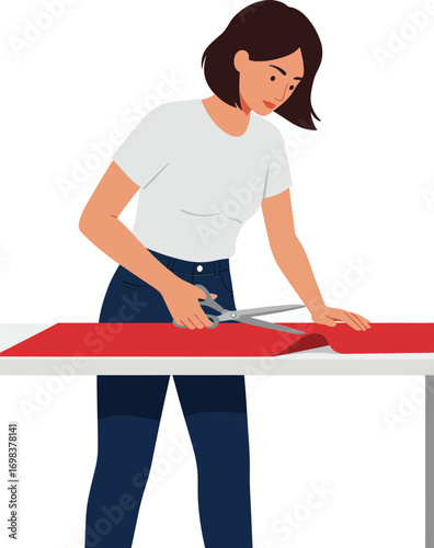 Woman cutting fabric on table with scissors in casual clothing vector illustration