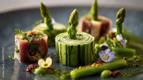 Food photo decorated with asparagus and edible flowers, green sauce and fresh vegetables.