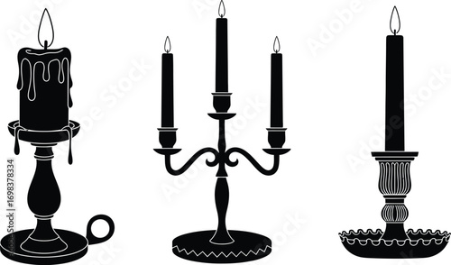 Elegant silhouettes of vintage candlesticks with lit flames create a warm, atmospheric glow.