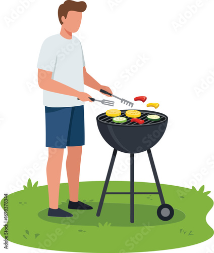 Man grilling vegetables and meat on barbecue grill in summer garden vector illustration