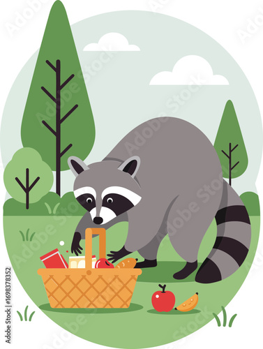 Raccoon rummaging picnic basket outdoors in nature park with trees and clouds around vector illustration