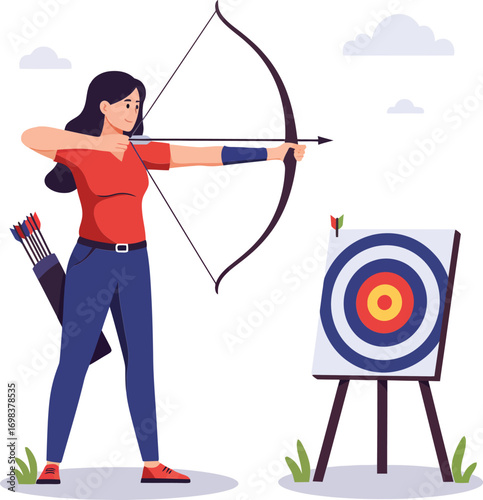 Woman practicing archery aiming at colorful target in outdoor sports activity vector illustration