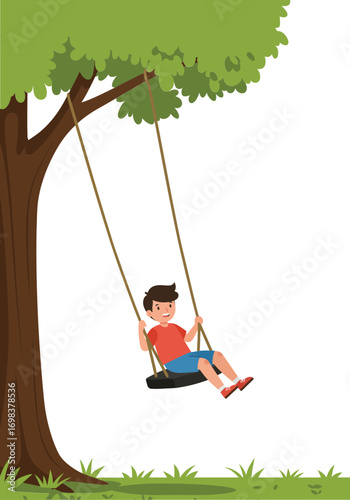 Boy swinging on tree swing outdoor playground green grass summer activity fun childhood joy vector illustration