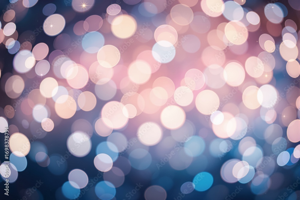 Fototapeta premium Soft glowing bokeh lights in pink, peach, and blue tones with sparkles on a blurred gradient background. Concept of dreamy celebration or creative background. Ai generative