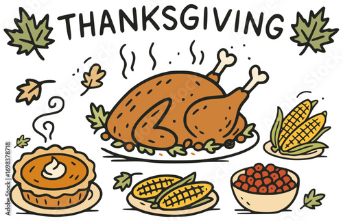 Food on the table (pumpkin pie, corn, and thanksgiving turkey)