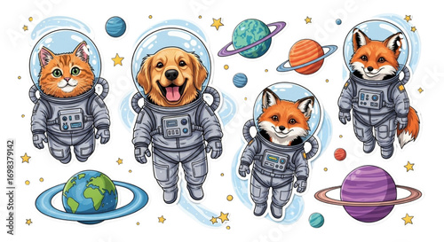 Animal astronaut stickers, cats, dogs, foxes in space suits, floating planets, photorealistic vector