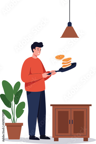 Man cooking pancakes in kitchen with modern lamp and houseplant home interior vector illustration
