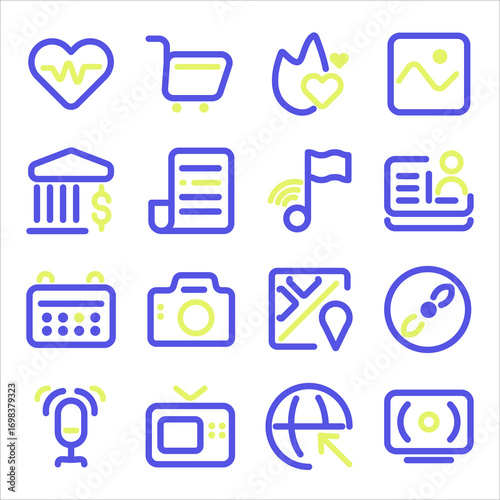 A minimal lineal icon pack designed for home screen and mobile applications. Includes essential app icons such as health, shopping, music, gallery and banking.