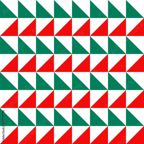 Seamless geometric pattern created with repeating red, green, and white triangles.