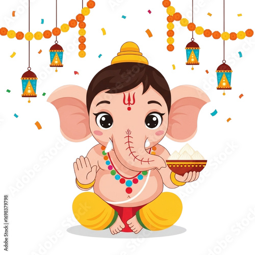 Cute Cartoon Ganesha Holding Modak Sweets – Playful Festival Illustration, Vector Sticker