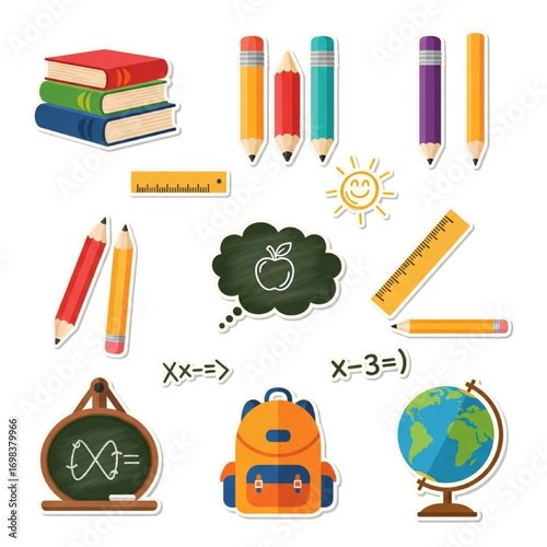 School Supplies Sticker Icons – Books, Pencils, Rulers, Backpacks, Globes, and Chalkboard Doodles