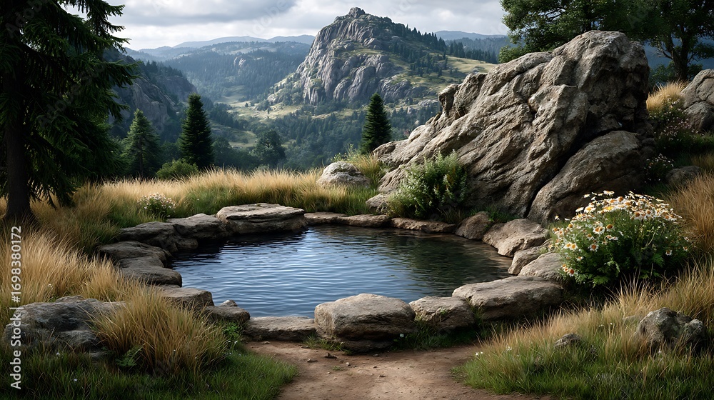 Fototapeta premium A small pond surrounded by reeds and wildflowers, with forested hills in the background.