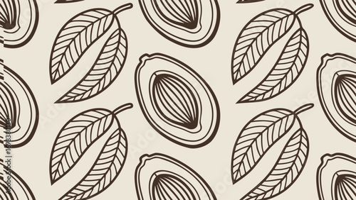 Seamless pattern of hand-drawn avocados and leaves in a vintage line art style