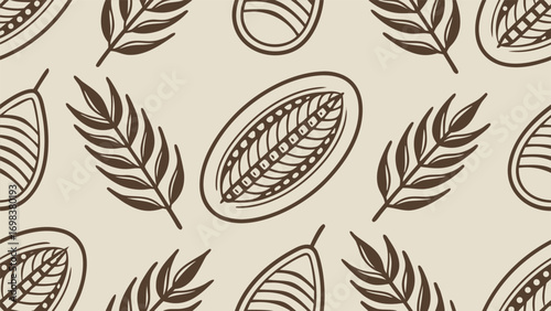 Seamless pattern of hand-drawn cacao pods and tropical leaves in a rustic line art style
