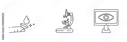 Eye examination, contact lens drop, optometry equipment, digital vision test, hygiene care, optical health icon vector illustration.