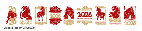 Chinese New Year 2026 horse symbol, hand drawn oriental lunar animal traditional holiday ink stamp. Red asian greeting print, lucky wealth celebration logotype zodiac sign. Chinese horse linocut icon