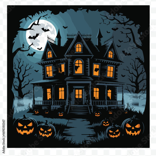 Spooky Haunted House with Pumpkins and Bats