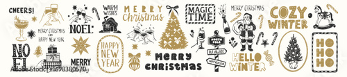 Christmas vintage logo, vector hand drawn New Year holiday print set, winter doodle lettering design. Celebration typographic template cozy greeting card decor inscription. Christmas logo party symbol