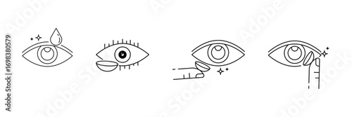 Eye care, contact lens usage, hygiene steps, vision correction, daily lens routine, optical health icon vector illustration.