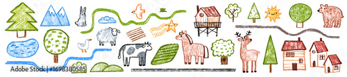 Kids doodle map creator hand drawn naive child nature landscape village nature farm animal scribble. Kindergarten game background, river, road, houses, trees. Playful kids map illustration print