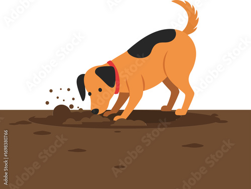 Dog digging in soil outdoor pet playing in dirt vector illustration for nature and animal lovers
