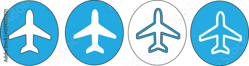 Four airplane icons in blue and white circles representing air travel and transportation services vector graphics.
