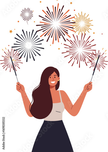 Woman holding sparklers with colorful fireworks celebration vector illustration in festive mood