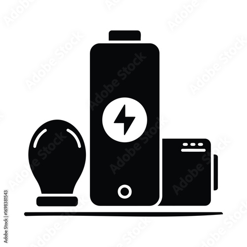 A black and white illustration of a battery a lightbulb and a device sitting on a flat surface design silhouette