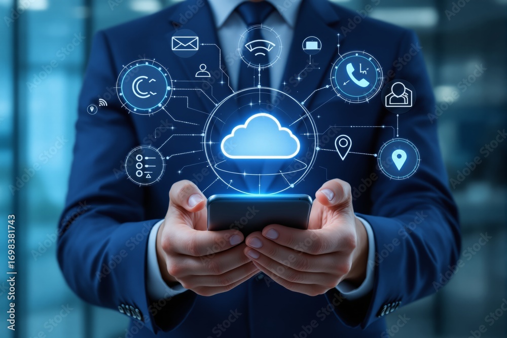 Fototapeta premium Businessman using smartphone with glowing cloud computing icon and digital network symbols, futuristic creative style, office background. Ai generative
