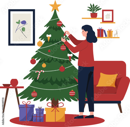 Woman decorating Christmas tree with gifts and cozy home interior during winter holidays festive celebration