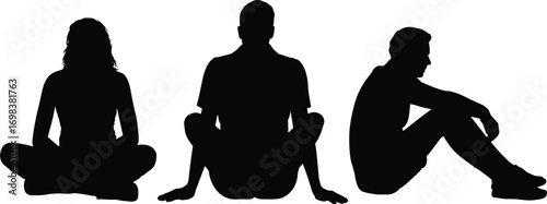 Silhouettes of three people sitting on the floor, relaxed posture, casual pose, diverse group, peaceful moment, social gathering, calm atmosphere, friendship, resting together, shadow figures