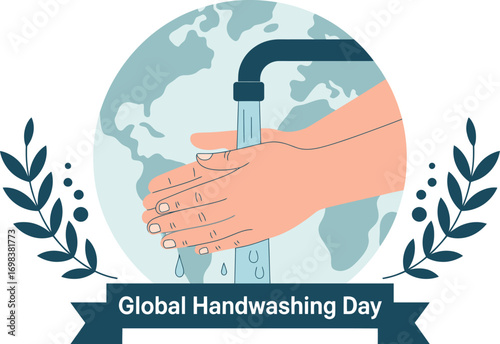 Hands washing under running water with a globe in the background, symbolizing global hygiene and health.