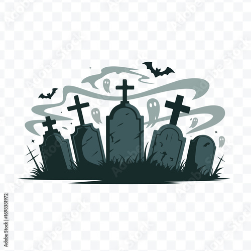 Spooky Cemetery Night with Gravestones and Bats