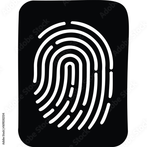 A stylized fingerprint design in white against a solid black background with rounded rectangular shape silhouette