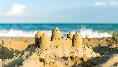 A child's sandcastle on a sunny beach